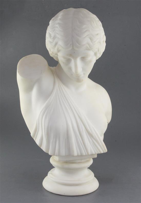 After the antique. An early 20th century carved white marble bust of a classical maiden, height 21.5in.